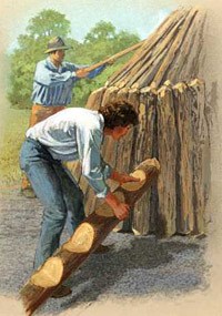 Illustration of colliers building a charcoal mound.