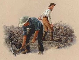 Artist conception of iron miners digging ore at a mine.