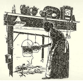 Woman cooking at a walk-in fireplace.
