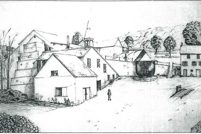 Conjectural sketch of building with triangular roof. Conical stone structure stands to the left of the building.