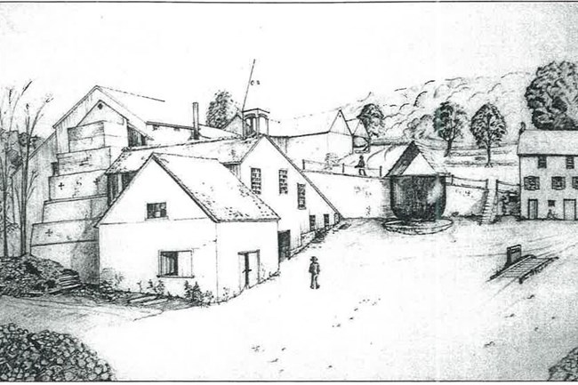 Conjectural sketch of building with triangular roof. Conical stone structure stands to the left of the building.