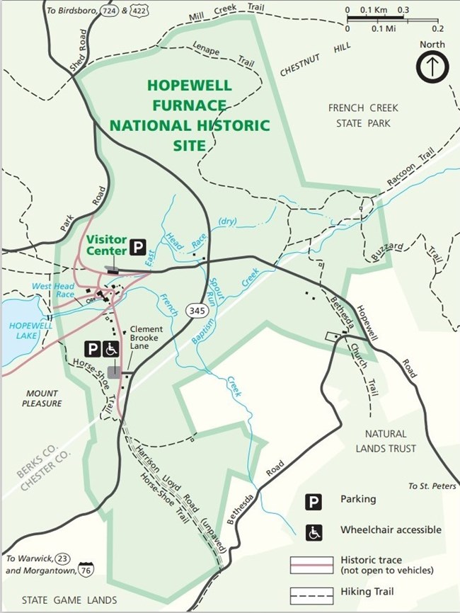 Map of Hopewell Furnace and surrounding area. Shown is the main parking lot at the Visitor Center and the ADA Parking Lot on Clement Brooke Lane.