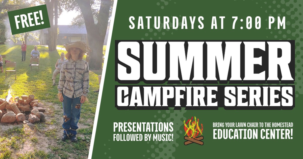 White text over a green background reads Summer Campfire Series, Saturdays at 7:00 PM