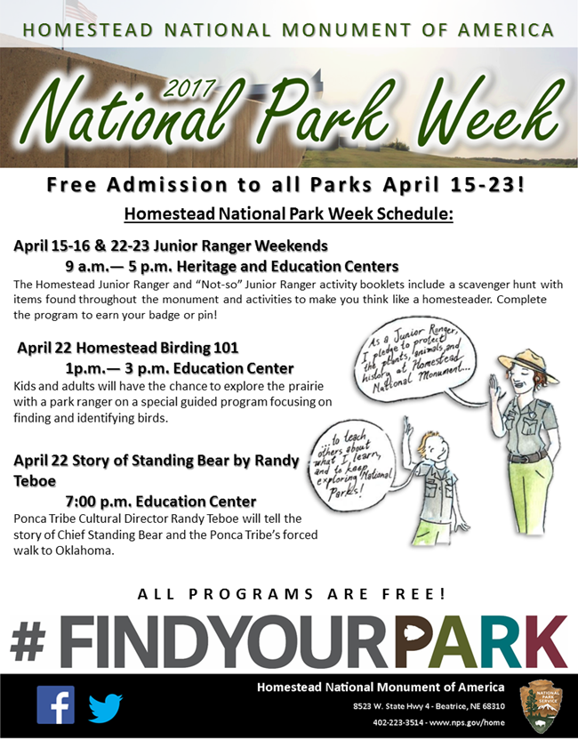 A hand-out Flyer depicting the events and schedule for National Park Week at Homestead National Monument.