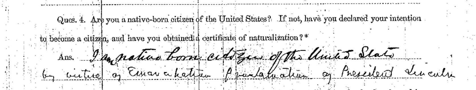 Excerpt of document that states Bell is native born citizen by virtue of the Emancipation Proclamation by Abraham Lincoln 