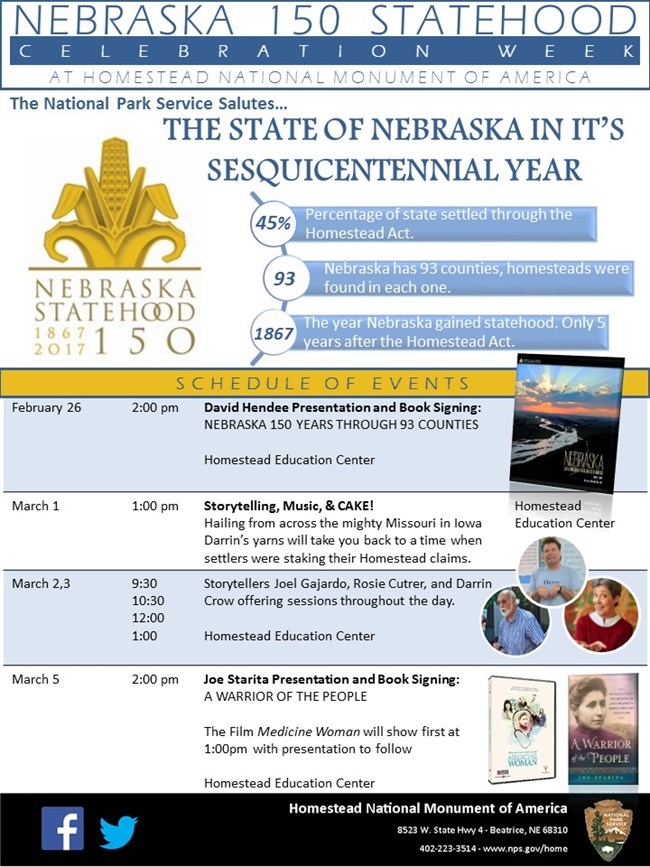 A listing of events for the Nebraska 150 Statehood Celebration Week.