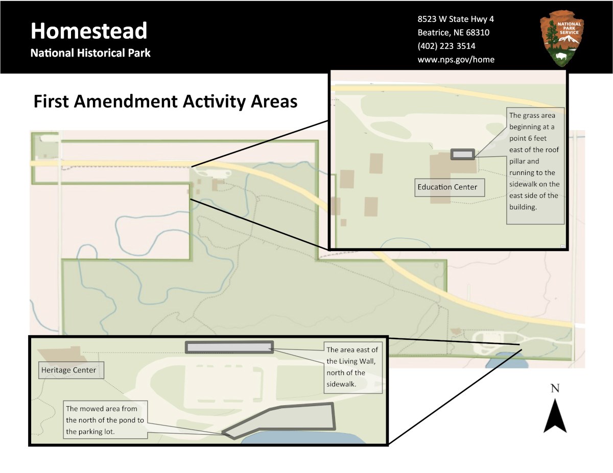 HOME map with 1st Amendment Areas. HC text, "Area east of Living Wall, north of sidewalk," and "Mowed area from north of pond to parking lot." EC text, "Grass area beginning 6 feet east of roof pillar and running to sidewalk on east side of building."