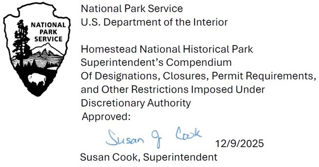 NPS Arrowhead logo followed by letterhead information and signature from park's superintendent.