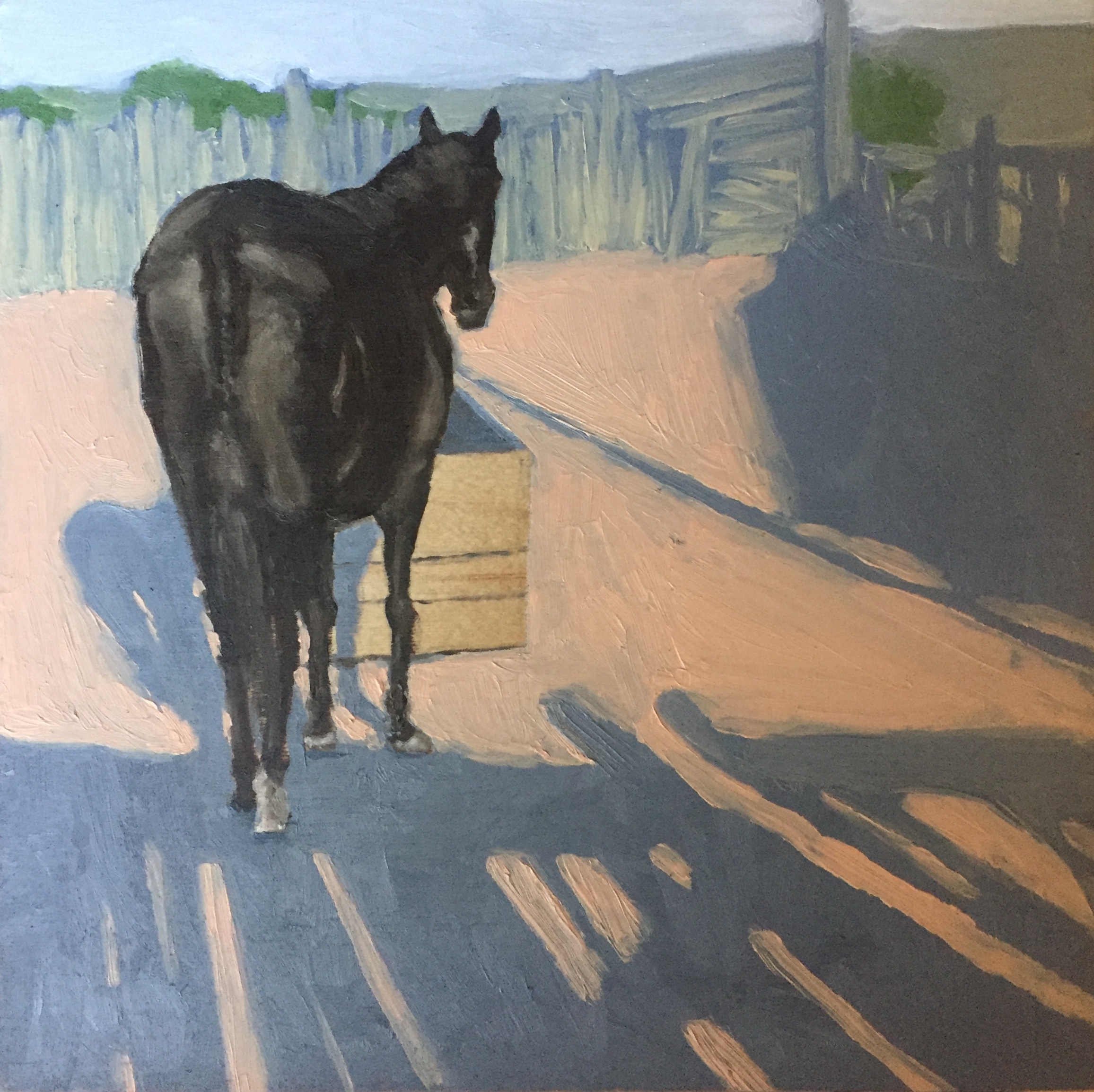 Painting of a black horse with it's back to the viewer standing in front of a water trough.