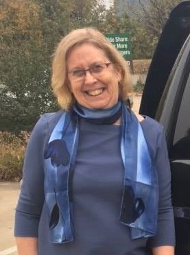 Marjorie Savage A woman wearing glasses and a scarf looks into the camera.