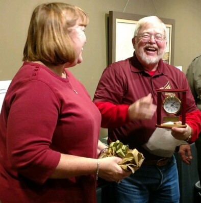 Volunteers of the Year Gayle and Nancy Hanshaw receive their award Volunteers of the Year Gayle and Nancy Hanshaw receive their award, an engraved clock.