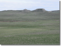 Green grass blends into far off buttes and a pastel blue sky.