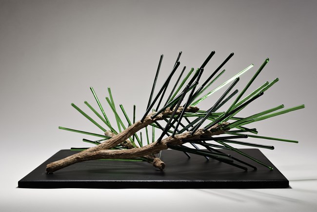 An abstract sculpture of a pine tree branch with green glass needles.