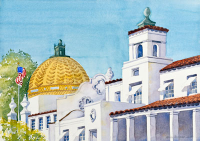 Watercolor painting of the upper northern end of the Ozark Bathhouse and the southern end of the Quapaw Bathhouse, flying the American flag. Sky is light blue light green tree is at north end of Quapaw.