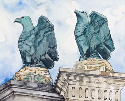 Painting of the bronze eagles, side by side, and the tops of the limestone pylons on which they are mounted, at the former formal entrance to the park on Bathhouse Row. The eagles have a blue patina; there is a partly cloudy sky for the background.