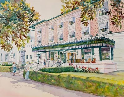 Watercolor painting of the front of the Fordyce Bathhouse from the south end