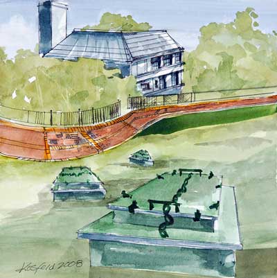 Watercolor painting of a green hillside with three green boxes sticking up out of the grass (spring boxes) in the foreground, a red brick patch with a black fence on the outside edge and a building top rising out of the hillside, white with a gray roof