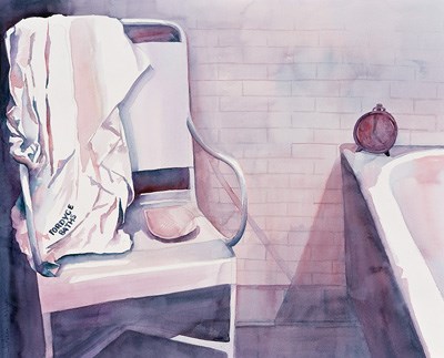 Water color paining of corner of bath stall, showing white chair on left with Fordyce bath towel haning on on it and on right, the edge of a tub with a clock sitting on the edge