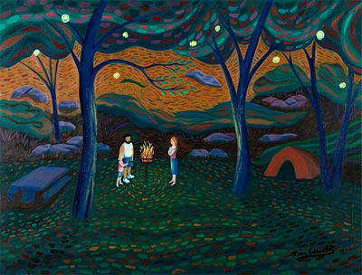 scene of campsite under trees at sunset with picnic table on far left, man and small child to left of pedestal grill with a fire, woman to right of grill, orange tent to the far right. The sky is orange-yellow and there are yellow fireflie spots in the air.