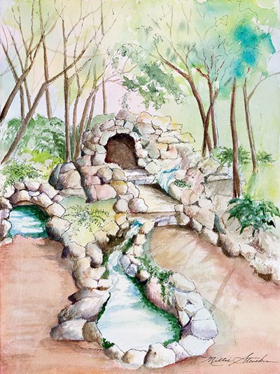 watercolor picture of open display springs at Hot Springs National Park. Central is a cave-looking structure, formed by rock on the surface. Light blue water flows into a lower pool. Also flowing into the lower pool is water from a spring on the left. Around the pools is a rose colored surface. Surrounding the springs is green with small brown tree stems and pastel pink and orange
