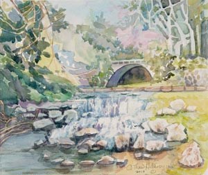 Watercolor painting of Gulpha Creek with bridge and pink mimosa flowers above the bridge