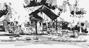 grayscale image made with permanent marker, shows historic ranger cabin at Gulpha Gorge Campground front of cabin with tree on the left grayscale image made with permanent marker, shows historic ranger cabin at Gulpha Gorge Campground front of cabin with tree on the left