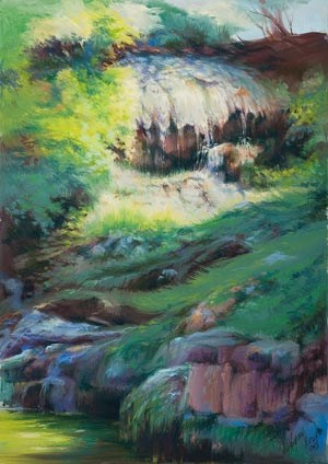 Pastel picture of hot wate cascade, with rich greens, top of cascade is highlighted with sunlight