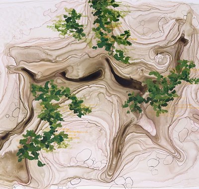 brown serpentine shape with concentric brown lines on either side representing the stream. clusters of small green brush touches on top center, mid right and lower left corner represent leaves