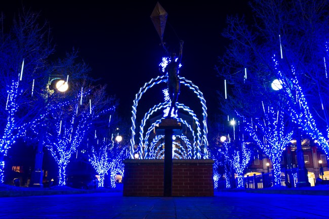 Christmas lights on trees and fountain at nighttime