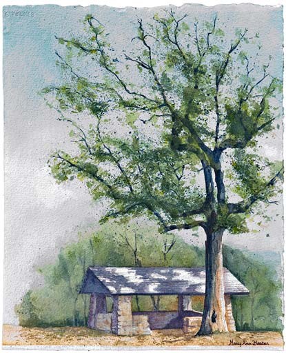 water color painting of rock shelter house at North Mountain-Hot Springs Mountain saddle. Tree to right of shelter house has green leaves and there is green behind the building with a mostly gray sky filling the rest of the space.