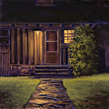 painting of stone walkway and cabin door at night. Yellow porch light is shining and window to right of door has yellow light coming through. Green grass on either side of walk has yellow highlight specs and there's a tall green shrub on the right side of the entrance.