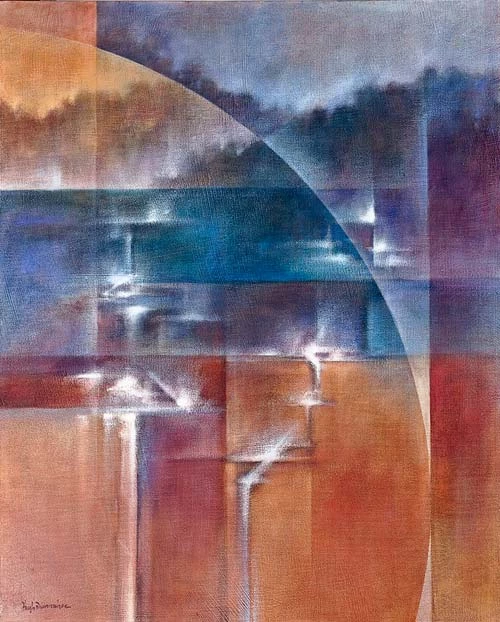 painting with blues, purples, red and burnt orange colors with vertical and horizontal linear separations of color, also an arc. Throughout the colored areas are white triangles which bleed to another below it.