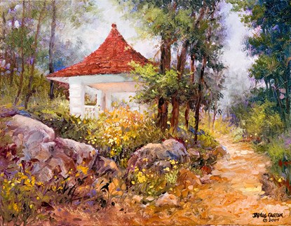 painting of trail scene. Gray boulders fill the lower left portion. Above them is a patch of yellow flowers in front of the red tile roofed white trail shelter. The  tree-lined trail is brown and is on the right side of the picture.