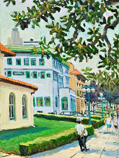 painting of Bathhouse Row showing south corner of the Hale Bathhouse, the Maurice Bathhouse, and the Fordyce Bathhouse. There are people on the sidewalk and a magnolia branch hanging in the upper right corner