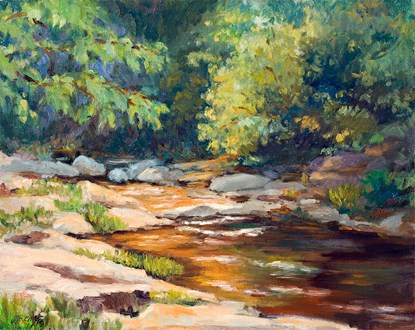 color painting of creek with brown rocks on either side and trees lining the sides and the creek disappears into a dark green background; the lower left side is shady.