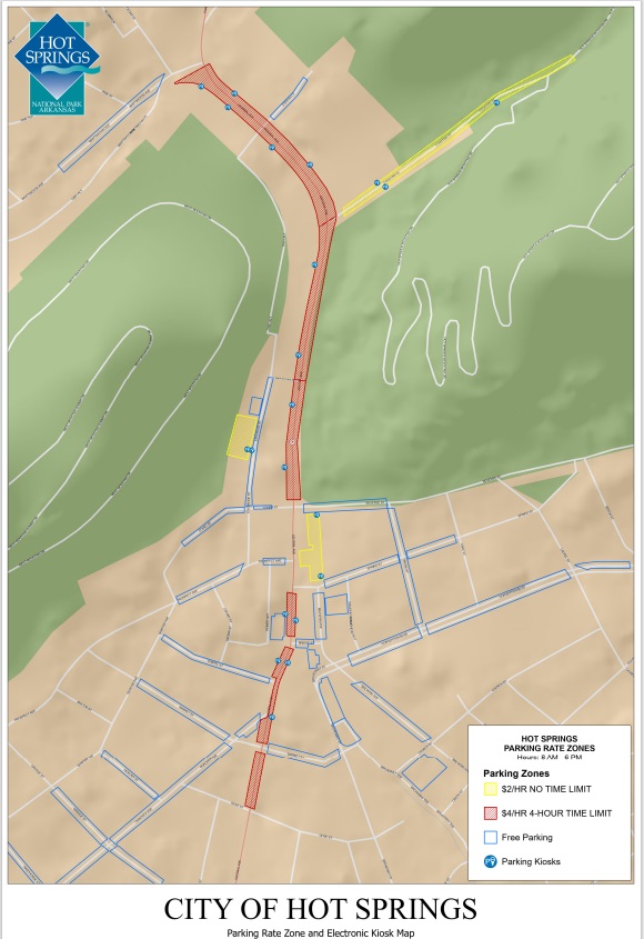 Graphic map showing parking areas colored yellow for paid parking and blue for free parking