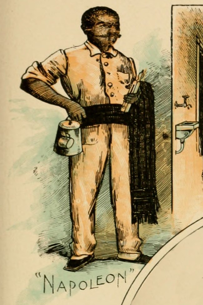 Illustration of man with mustache in white uniform holds kettle