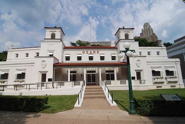 Ozark Bathhouse viewed from Central Avenue, looking up the front steps.