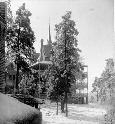 The first Army Navy hospital in the snow, mid 1800s.