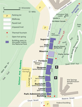 drawing, map of Bathhouse Row today with park land shown in green, private property in the city as tan, parking lots as yellow, streets as white, bathhouse buildings leased in dark purple and the Maurice Bathhouse which is not yet leased as light purple. It shows hot spring water fountains as red dots.
