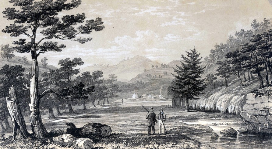 Lithograph of 2 men in a field overlooking a valley of vapors