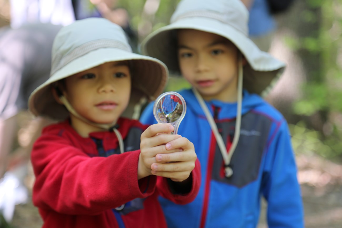 Five year old boy in red jacket and a hat looking through a magnifying glass at us, Six year old boy in blue jacket and a hat looking over his shoulder. Both boys have a look of awe on their faces.