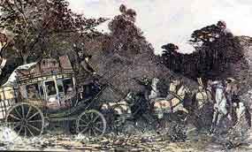 Tinted drawing of a stagecoach drawn by horses. The stagecoach driver and shotgun rider have their hands up in the air. There are men on horses pointing guns at them.