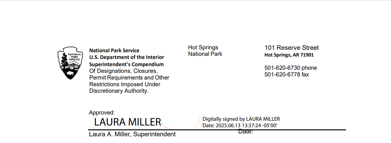 Signature area that includes Hot Springs' information, compendium information, and the superintdent's digital signature.