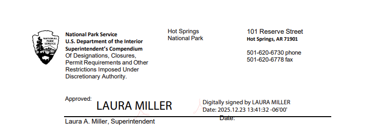 Text with park information and the superintendent's electronic signature