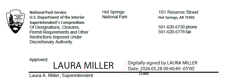 Information about Hot Springs National Park followed by a digital signature from the park superintendent.