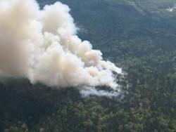 aerial view of fire from almost directly overhead with wind blowing plume of smoke to the upper left of the photo aerial view of fire from almost directly overhead with wind blowing plume of smoke to the upper left of the photo