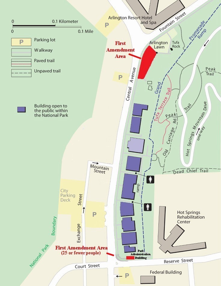 Two first amendment areas just south of Arlington Lawn and south of the Administration building, highlighted in red.