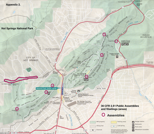 Circled on the map, the three overlooks on West Mountain, North Mountain, the Amphitheater, and Whittington Park.