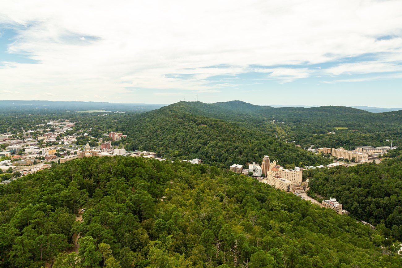A city with tall buildings springs forth from a mountain valley. Trees cover the rolling hills that stretch into the horizon.